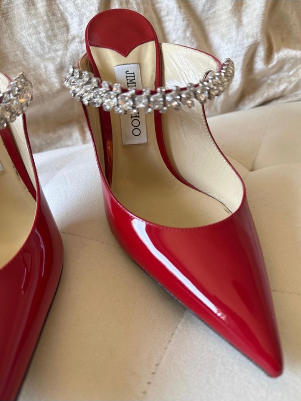 Jimmy Choo Red Patent Pointed Toe Crystal-Strap Mules - Picture 10 of 11